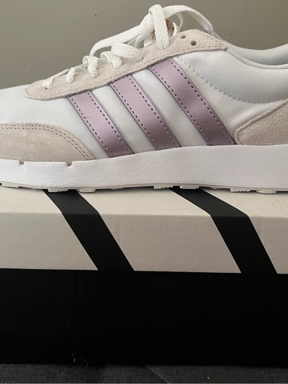 adidas White Sneaker with Metallic Lilac Stripes